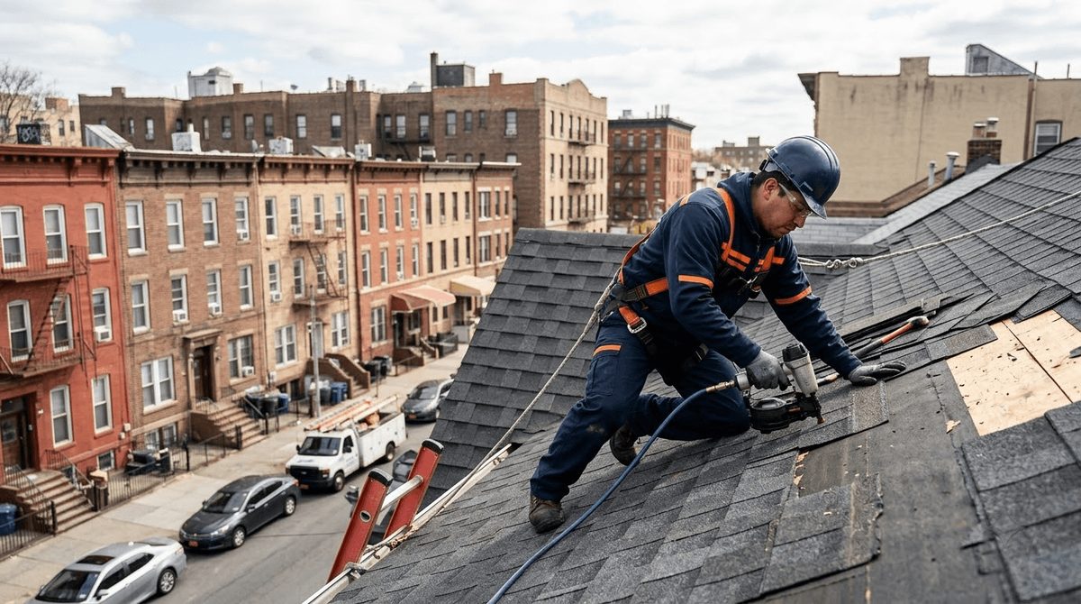 Roofer nail-gunning new asphalt shingles into place on a residential roof above a Bronx street