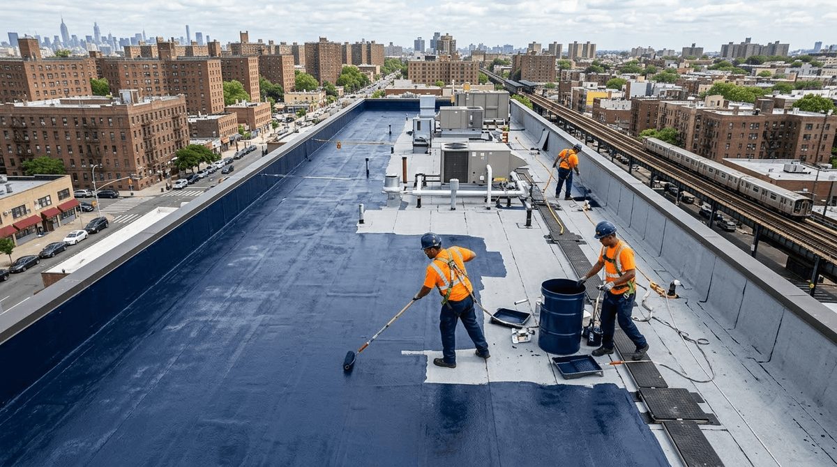 Crew waterproofing a large commercial flat roof with coating rollers, overlooking a Bronx elevated subway line