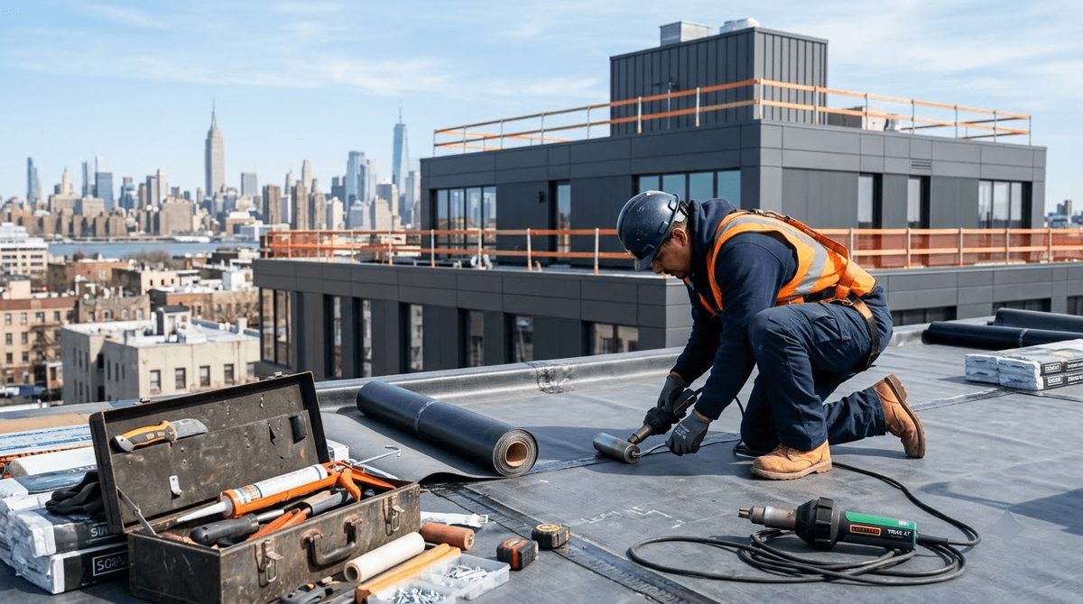 Roofer welding a flat roof membrane seam on a modern Bronx rooftop, with the New York City skyline in the background