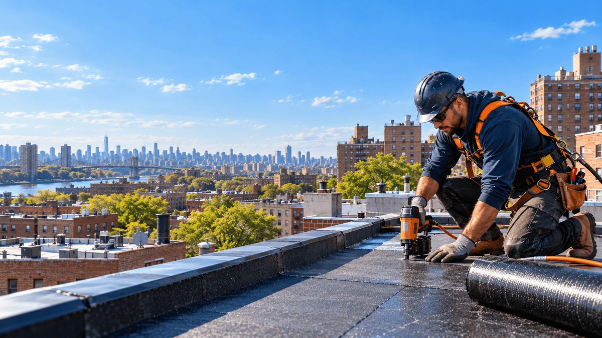 Bronx Roofing Pros roofer installing a flat roof membrane on a Bronx rooftop, with the New York City skyline in the background
